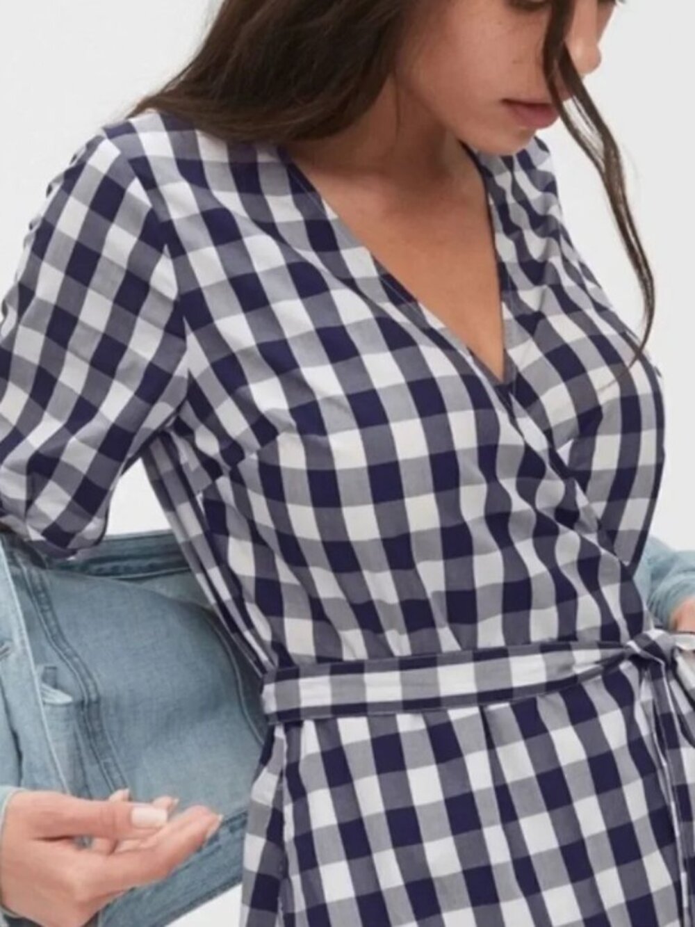 Gap Gingham Wrap Midi Dress Navy White Tie Waist Ruffle Hem Size M - Picture 3 of 10